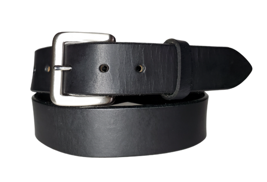 Our handmade BRIDLE leather belt is made in Smyrna, TN, just outside of Nashville. The single strip of leather is our standard 1/8" thick and is 1 1/2" wide.  Great for everyday wear! The Antique Nickel Solid Brass buckle is snapped in place with heavy duty snaps.  Edges are smoothed and painted. Lengths may be available up to 60", please call to check for availability.