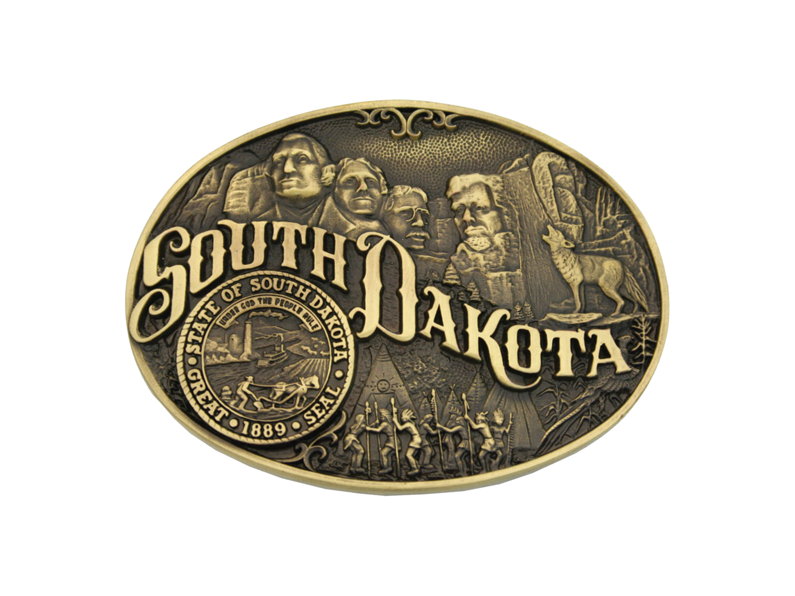 Small, oval cast brass Attitude belt buckle with polished wire trim. Large lettering spelling out South Dakota stretches boldly across, surrounded by a set of antiqued figures in celebration of South Dakota heritage including Mount Rushmore, Native American dancers and the state seal. Buckles are acid washed to add the dark antiqued patina and hand buffed to bring out the highlights and details.  Standard 1.5" belt swivel. Available online and in our shop in Smyrna, TN, just outside of Nashville.