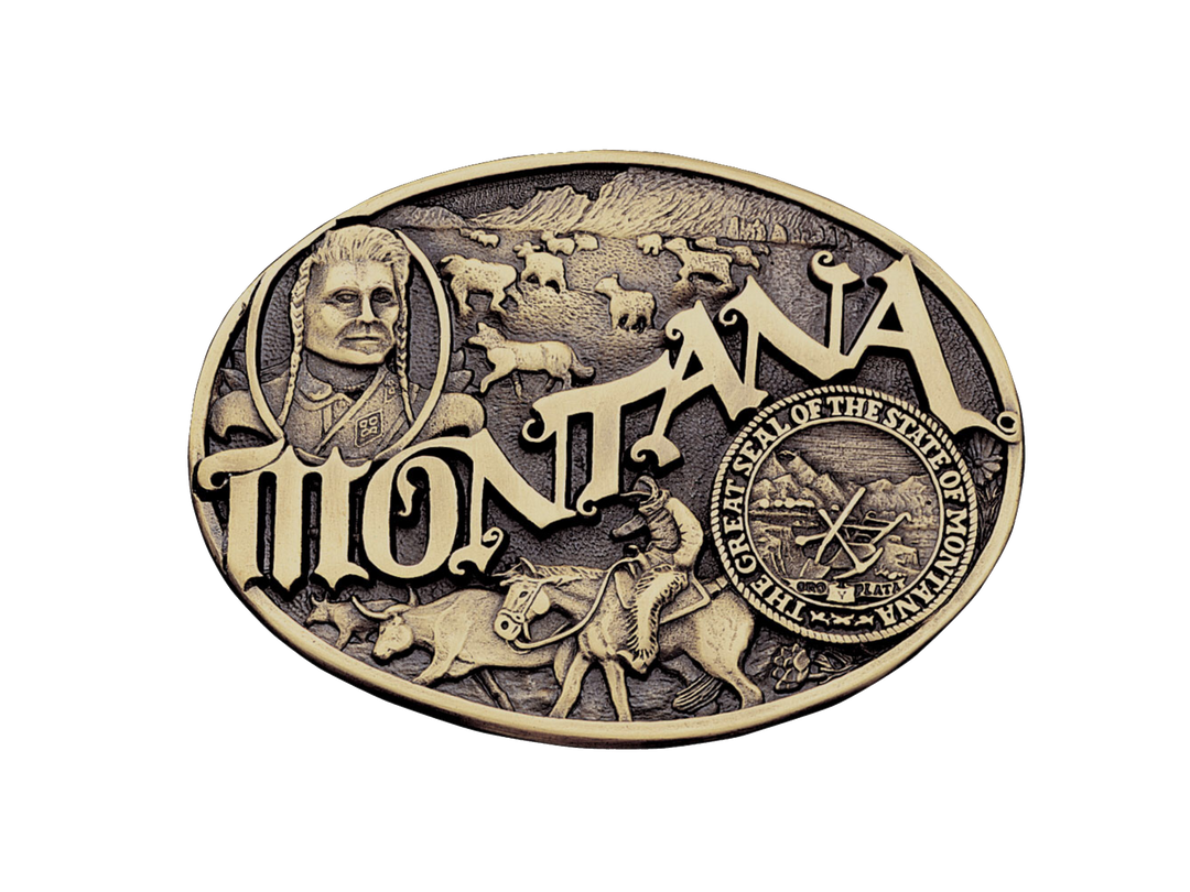 Antiqued brass colored Attitude buckle Montana state and symbols. Standard 1.5 belt swivel.