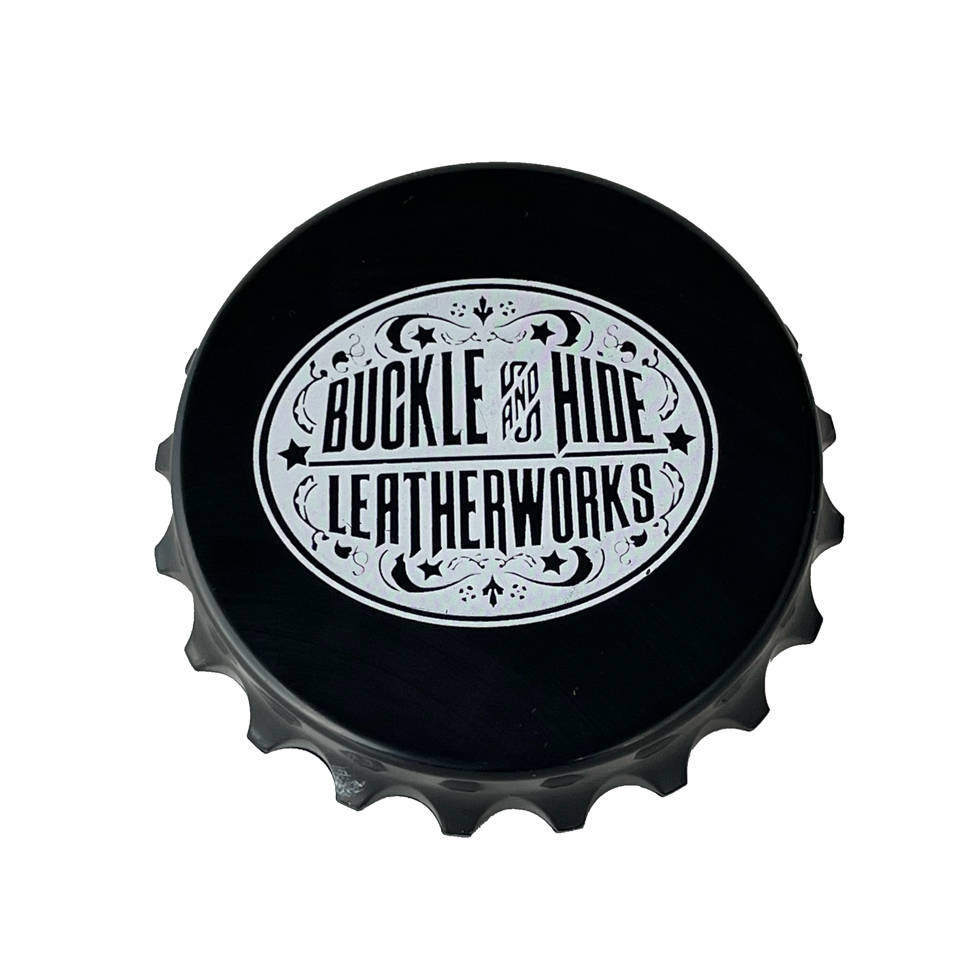 Black "Bottle Cap shaped" Magnetic bottle opener with white Buckle and Hide Oval logo. Available online or in our shop just outside Nashville in Smyrna, TN.