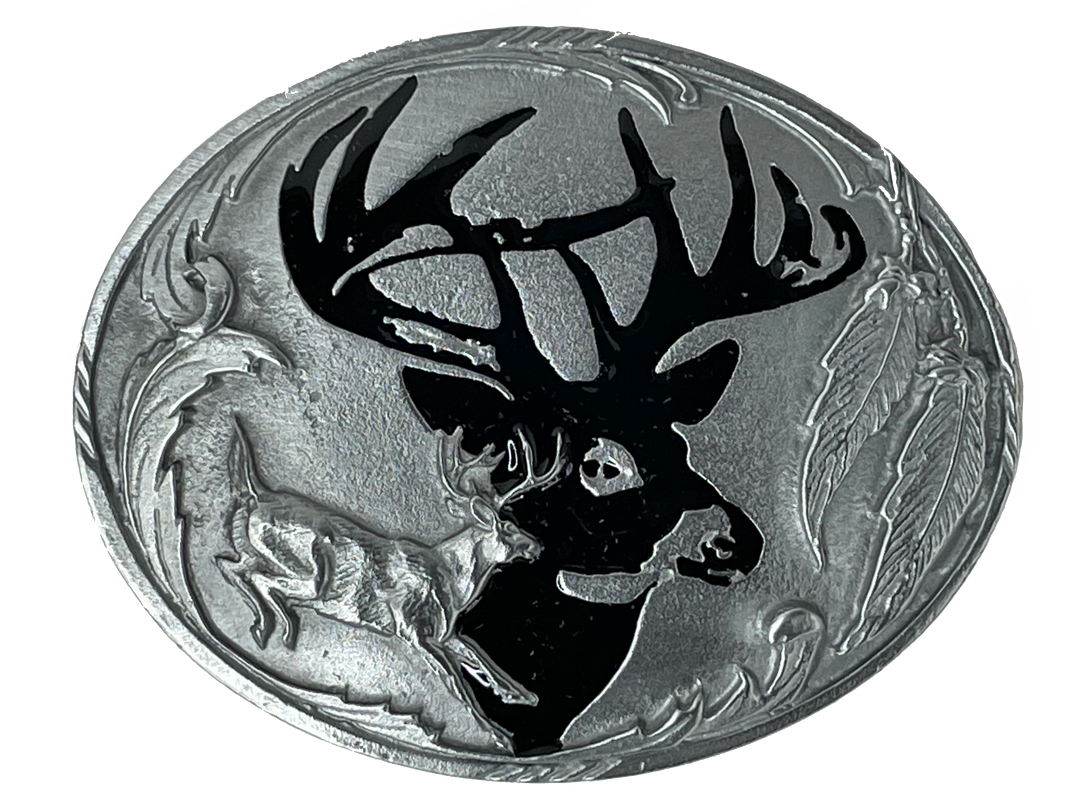 Deer Head Buckle- Fits 1 1/2" belts Black epoxy inlay Size 3-1/2"W x 2-3/4"H Available at our shop just outside Nashville in Smyrna, TN