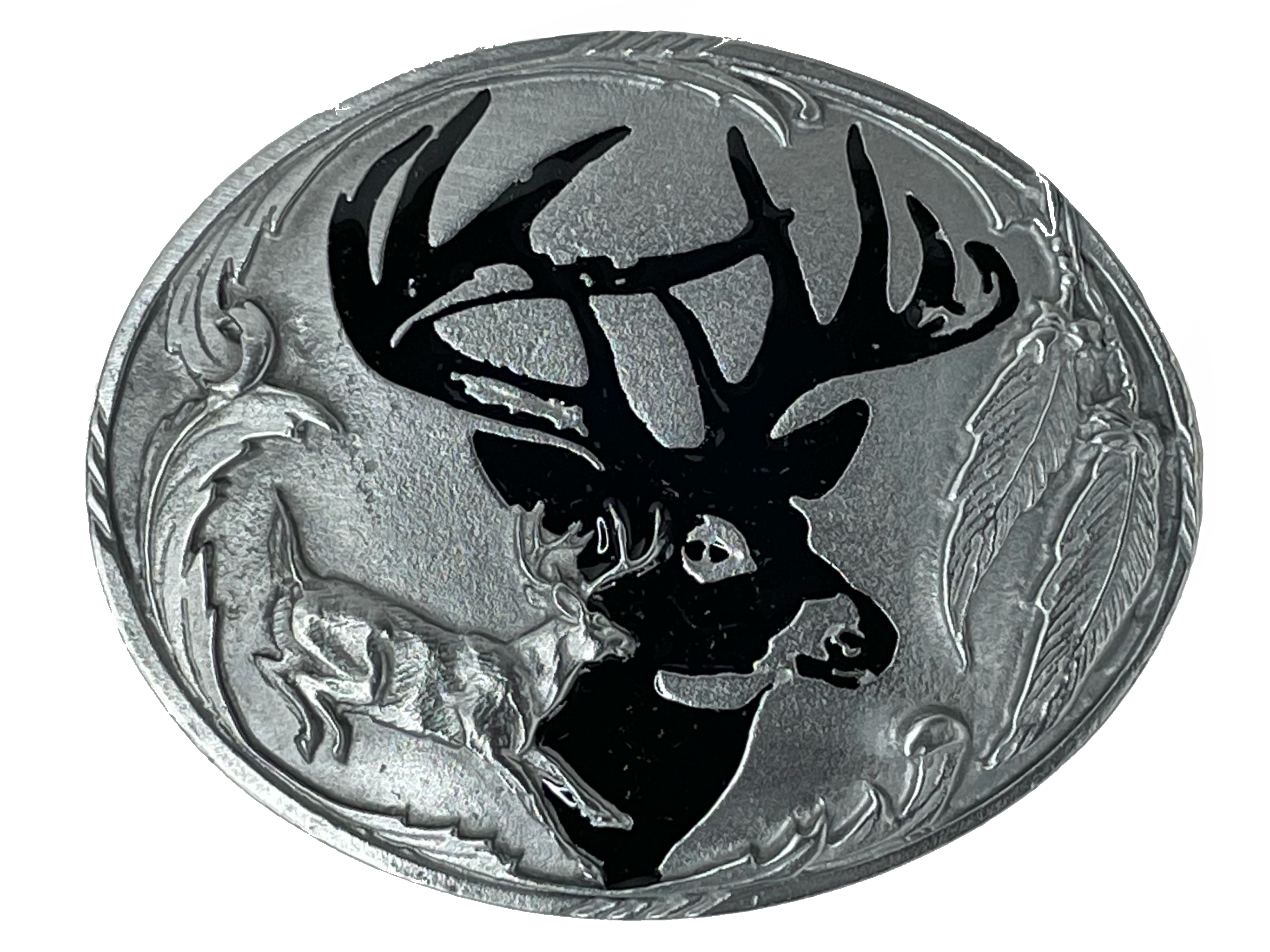 Deer Head Buckle- Fits 1 1/2" belts Black epoxy inlay Size 3-1/2"W x 2-3/4"H Available at our shop just outside Nashville in Smyrna, TN