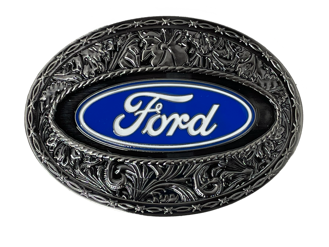 Western Ford Logo Buckle features a western oval buckle with blue enamel background with white enamel trim and "Ford" in white enamel script. Fits belts up to 1-3/4" wide Available at our shop just outside Nashville in Smyrna, TN.