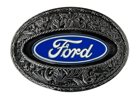 Western Ford Logo Buckle features a western oval buckle with blue enamel background with white enamel trim and "Ford" in white enamel script. Fits belts up to 1-3/4" wide Available at our shop just outside Nashville in Smyrna, TN.