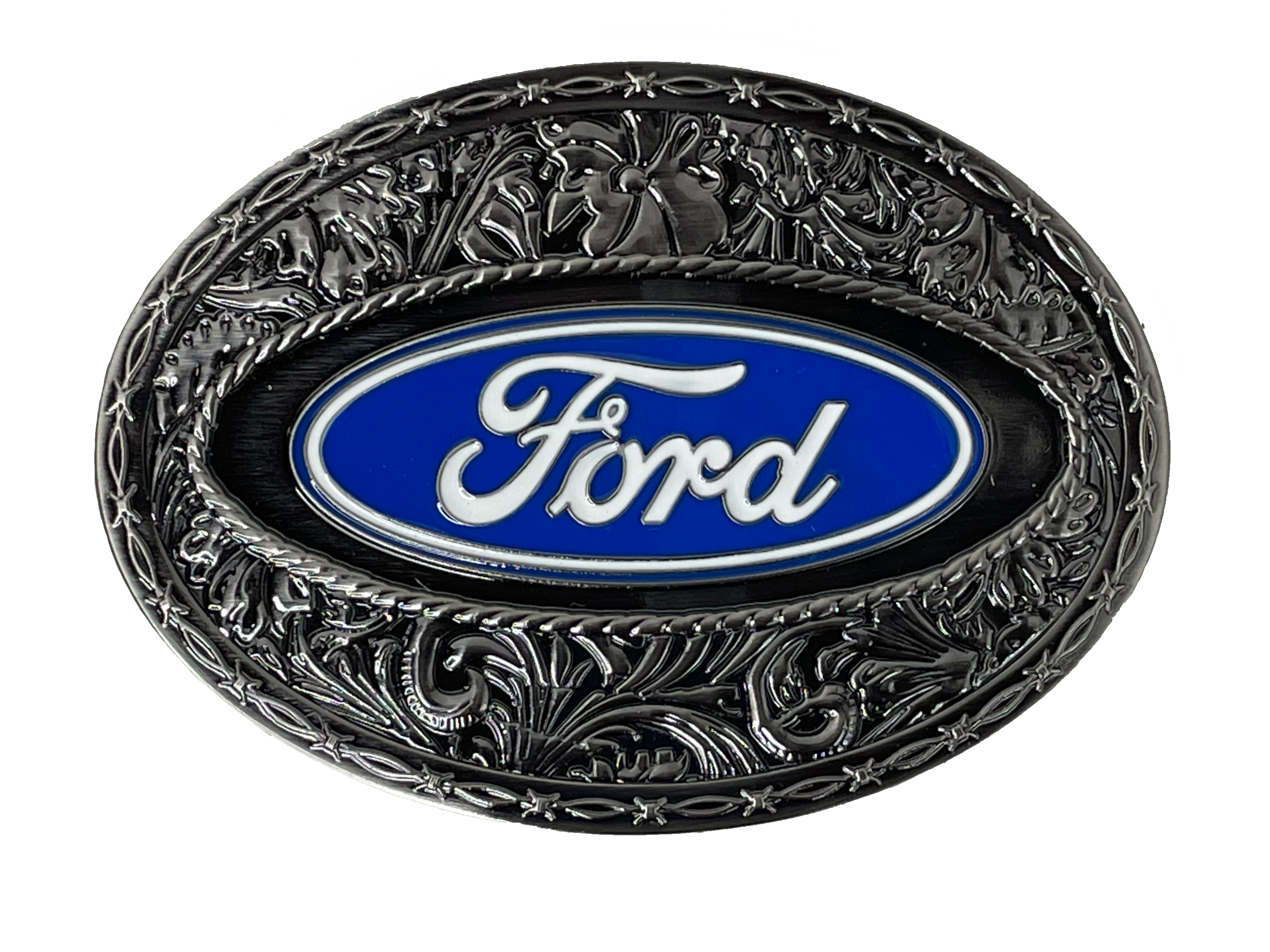 Western Ford Logo Buckle features a western oval buckle with blue enamel background with white enamel trim and "Ford" in white enamel script. Fits belts up to 1-3/4" wide Available at our shop just outside Nashville in Smyrna, TN.