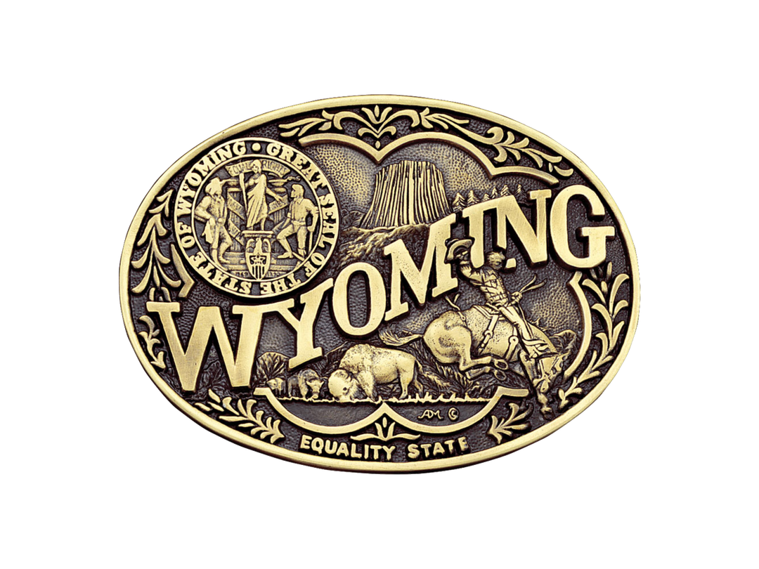 Antiqued brass colored Attitude buckle Wyoming state and symbols. Standard 1.5 belt swivel.