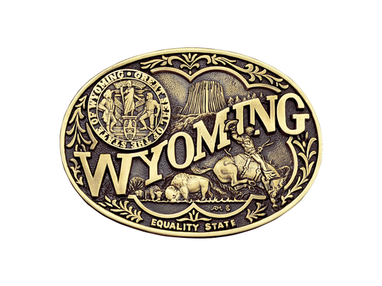 Antiqued brass colored Attitude buckle Wyoming state and symbols. Standard 1.5 belt swivel.