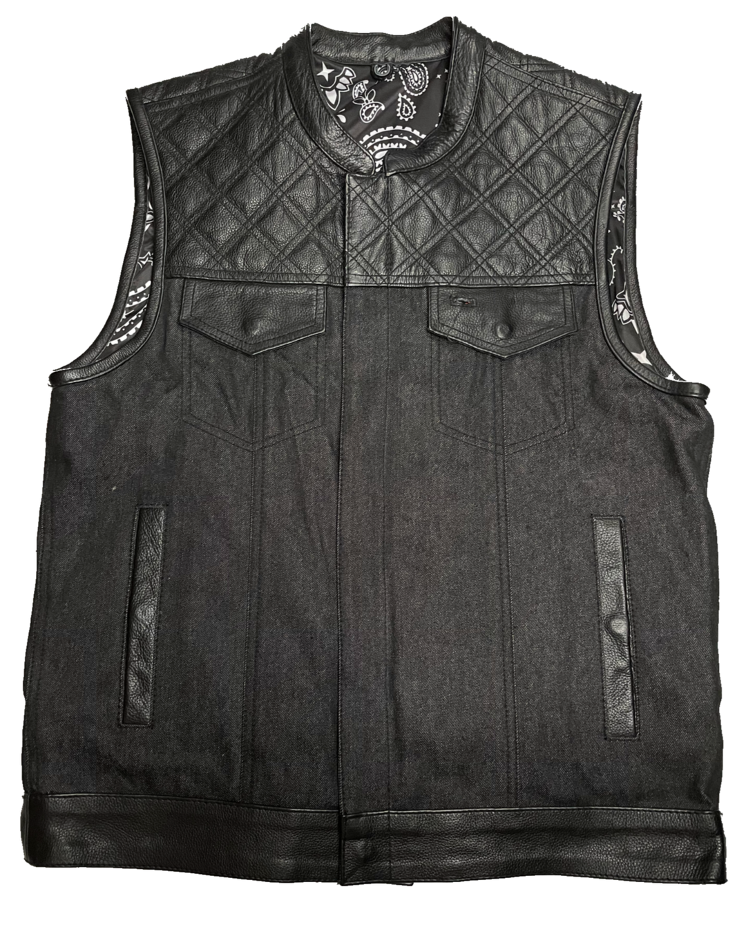 The Club Diamond premium black leather/denim club style vest with Black DIAMOND STITCHING front and back Leather shoulder panels. The lining is Black and White paisley pattern with a black denim lower half. It has a tab style collar, front snap/zippered closure. It has inside conceal carry pockets, front chest pockets and lower front side pockets. Available in our Smyrna, TN shop just outside of Nashville. Sizes available from small to 6x.