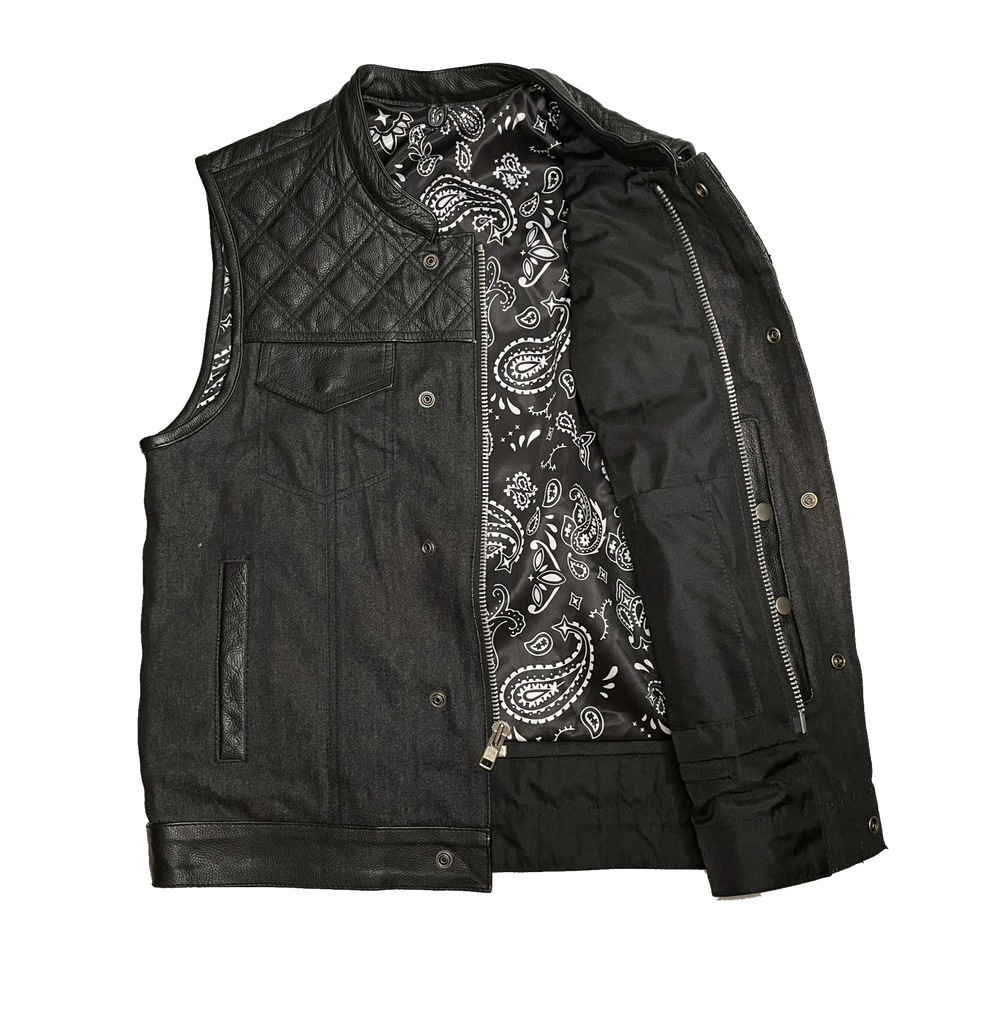 The Club Diamond premium black leather/denim club style vest with Black DIAMOND STITCHING front and back Leather shoulder panels. The lining is Black and White paisley pattern with a black denim lower half. It has a tab style collar, front snap/zippered closure. It has inside conceal carry pockets, front chest pockets and lower front side pockets. Available in our Smyrna, TN shop just outside of Nashville. Sizes available from small to 6x.