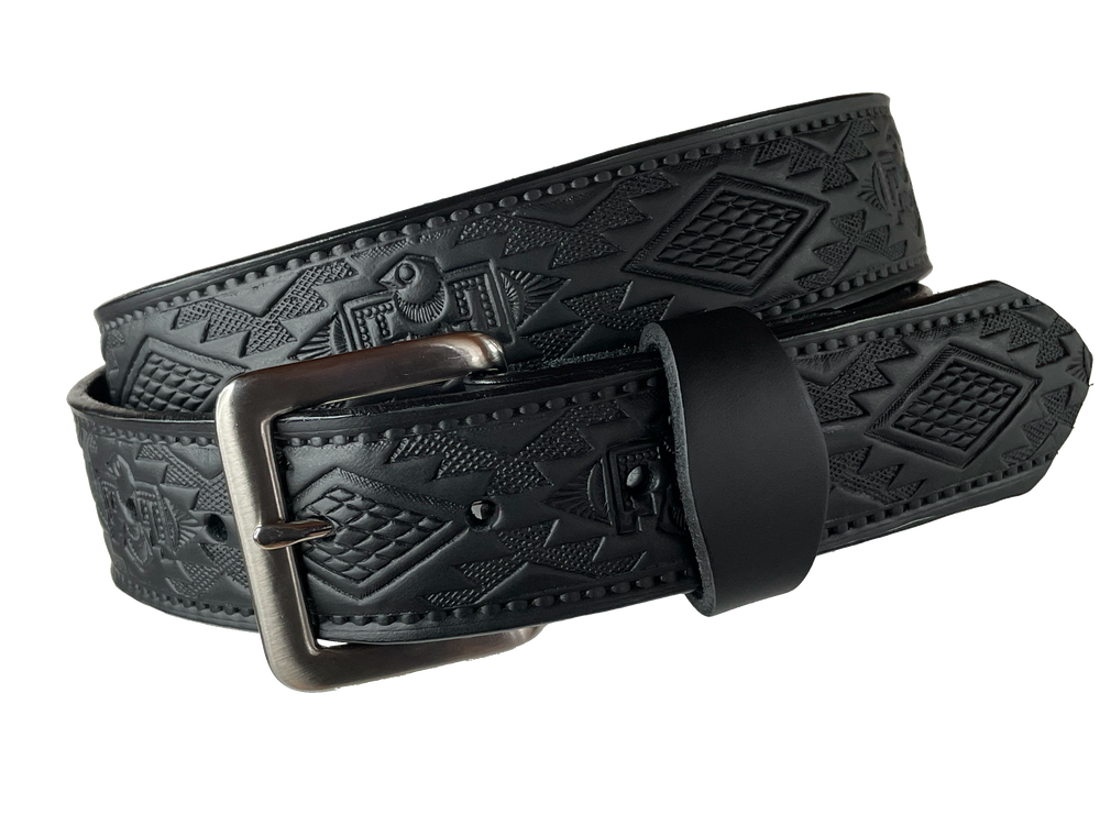 The Holliday has a Southwestern-style embossing on its full-grain American veggie-tanned cowhide belt approx. 1/8" thick and 1 1/2" wide. It comes with an antique, nickle-plated solid brass buckle, hand-finished in four fun color options with smooth, burnished painted edges. You can opt for it to have your name embossed on it -or- go wild and let the design cover the whole length of the belt. Made In our Smyrna TN shop just outside Nashville.