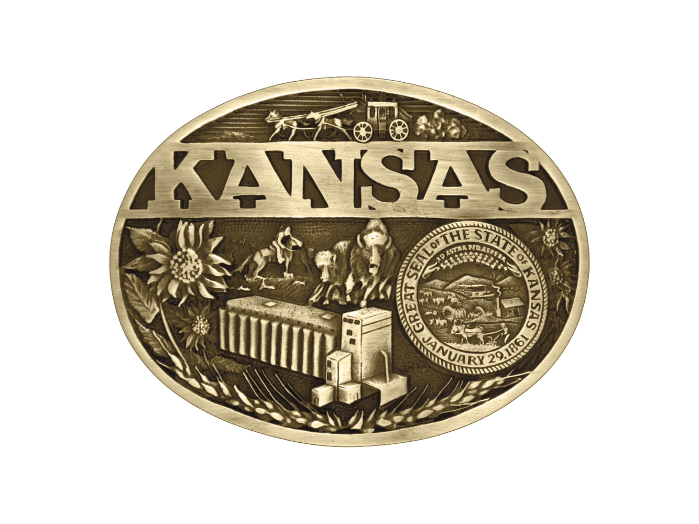 Antiqued brass colored Attitude buckle Kansas state and symbols. Standard 1.5 belt swivel.