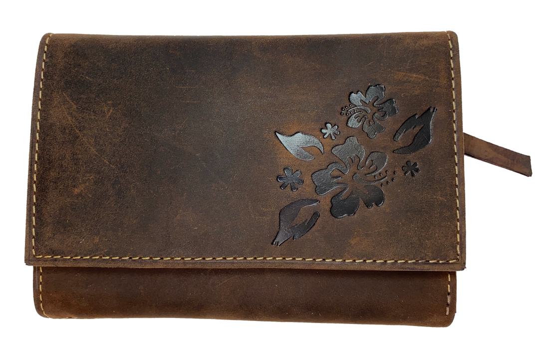 Leather Bi-Fold Wallet with 15 card slots, cash pocket, 3 zippered pockets. A convenient way to keep everything you need in one place! Imported and Buckle and Hide Approved! Available in Distressed Brown or Gray.