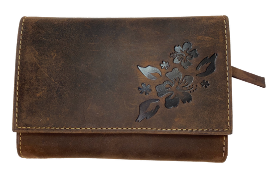 Leather Bi-Fold Wallet with 15 card slots, cash pocket, 3 zippered pockets. A convenient way to keep everything you need in one place! Imported and Buckle and Hide Approved! Available in Distressed Brown or Gray.