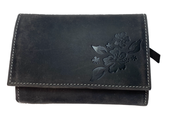 Leather Bi-Fold Wallet with 15 card slots, cash pocket, 3 zippered pockets. A convenient way to keep everything you need in one place! Imported and Buckle and Hide Approved! Available in Distressed Brown or Grey.