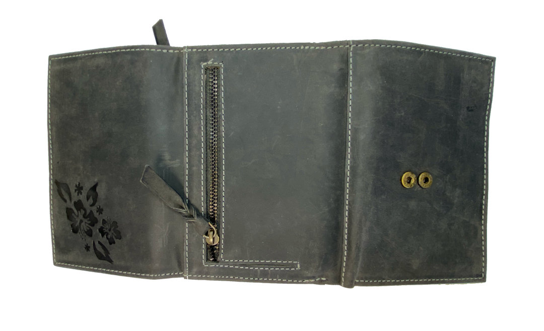 Leather Bi-Fold Wallet with 15 card slots, cash pocket, 3 zippered pockets. A convenient way to keep everything you need in one place! Imported and Buckle and Hide Approved! Available in Distressed Brown or Grey.