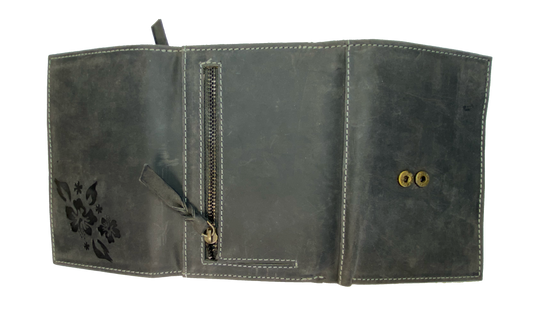 Leather Bi-Fold Wallet with 15 card slots, cash pocket, 3 zippered pockets. A convenient way to keep everything you need in one place! Imported and Buckle and Hide Approved! Available in Distressed Brown or Grey.