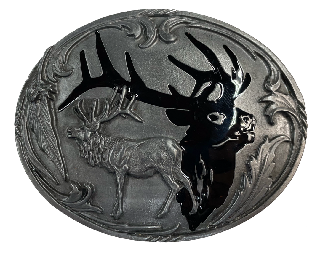 Silhouette Black epoxy inlayed Elk head on a Antique pewter buckle Fits 1 1/2" belts Size 3-1/2"W x 2-3/4"H Available in our shop just outside Nashville in Smyrna, TN