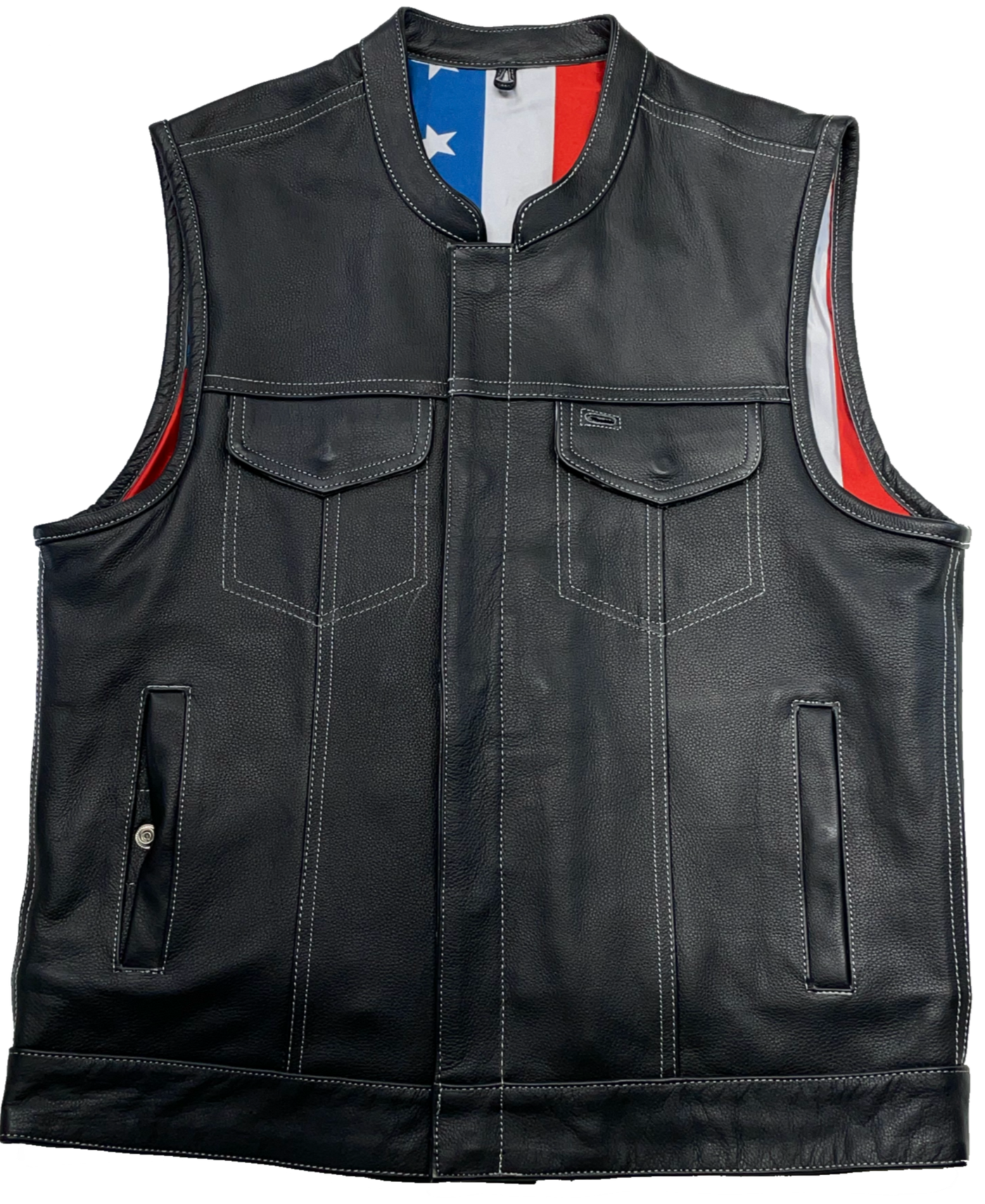 The Honor and Duty Premium black leather club style vest with CONTRASTED WHITE&nbsp;STITCHING. The FLAG LINING is red, white, and blue. Vest is made from premium naked cowhide leather. It has a tab style collar and front snap closure. It has a solid panel back.&nbsp; Available for purchase in our shop in Smyrna, TN outside of Nashville.&nbsp; Available in sizes small through 5x.&nbsp; It has inside front pockets including a conceal carry pocket on each side. 