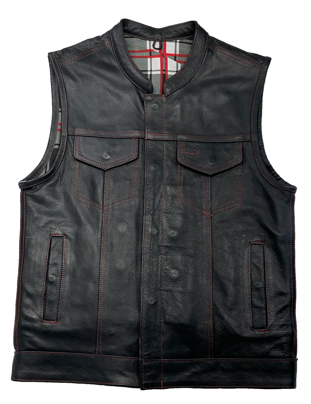 The Premium is a black riding vest made from premium naked cowhide leather. It has CONTRASTED RED STITCHING, and PLAID FLANNEL LINING of black, red, and white. It features: a tab style collar, snap front and zippered closure, solid panel back, two lower front snap pockets, front chest snap pockets, and inside conceal carry pockets on each side. Available in our Smyrna, TN shop just outside of Nashville. Sizes available from Small to 6XL.