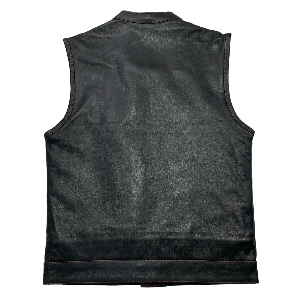 The Premium is a black riding vest made from premium naked cowhide leather. It has CONTRASTED RED STITCHING, and PLAID FLANNEL LINING of black, red, and white. It features: a tab style collar, snap front and zippered closure, solid panel back, two lower front snap pockets, front chest snap pockets, and inside conceal carry pockets on each side. Available in our Smyrna, TN shop just outside of Nashville. Sizes available from Small to 6XL.