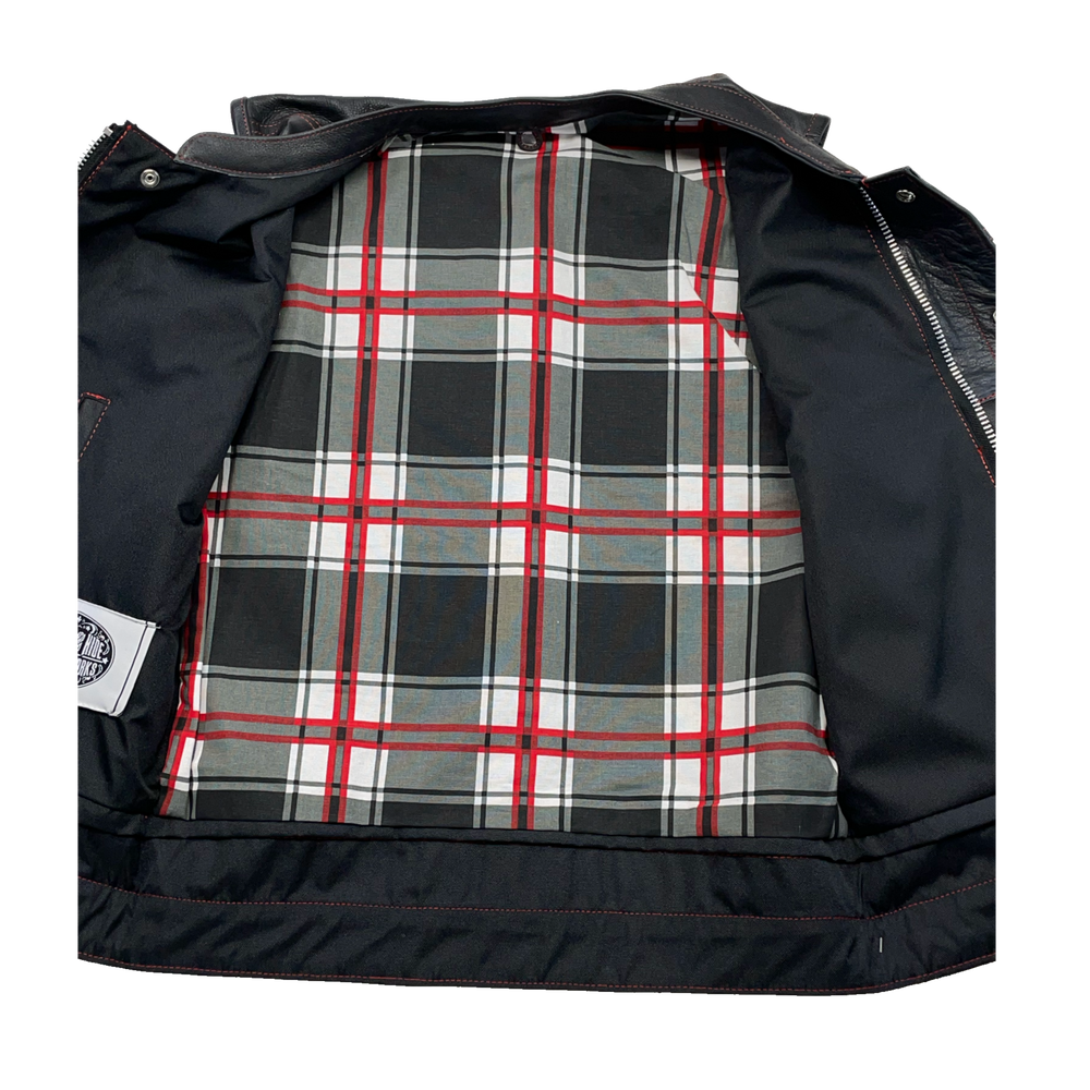 The Jackson Red is a black riding vest made from premium naked cowhide leather. It has CONTRASTED RED STITCHING, and PLAID FLANNEL LINING of black, red, and white. It features: a tab style collar, snap front and zippered closure, solid panel back, two lower front snap pockets, front chest snap pockets, and inside conceal carry pockets on each side. Available in our Smyrna, TN shop just outside of Nashville. Sizes available from Small to 6XL.