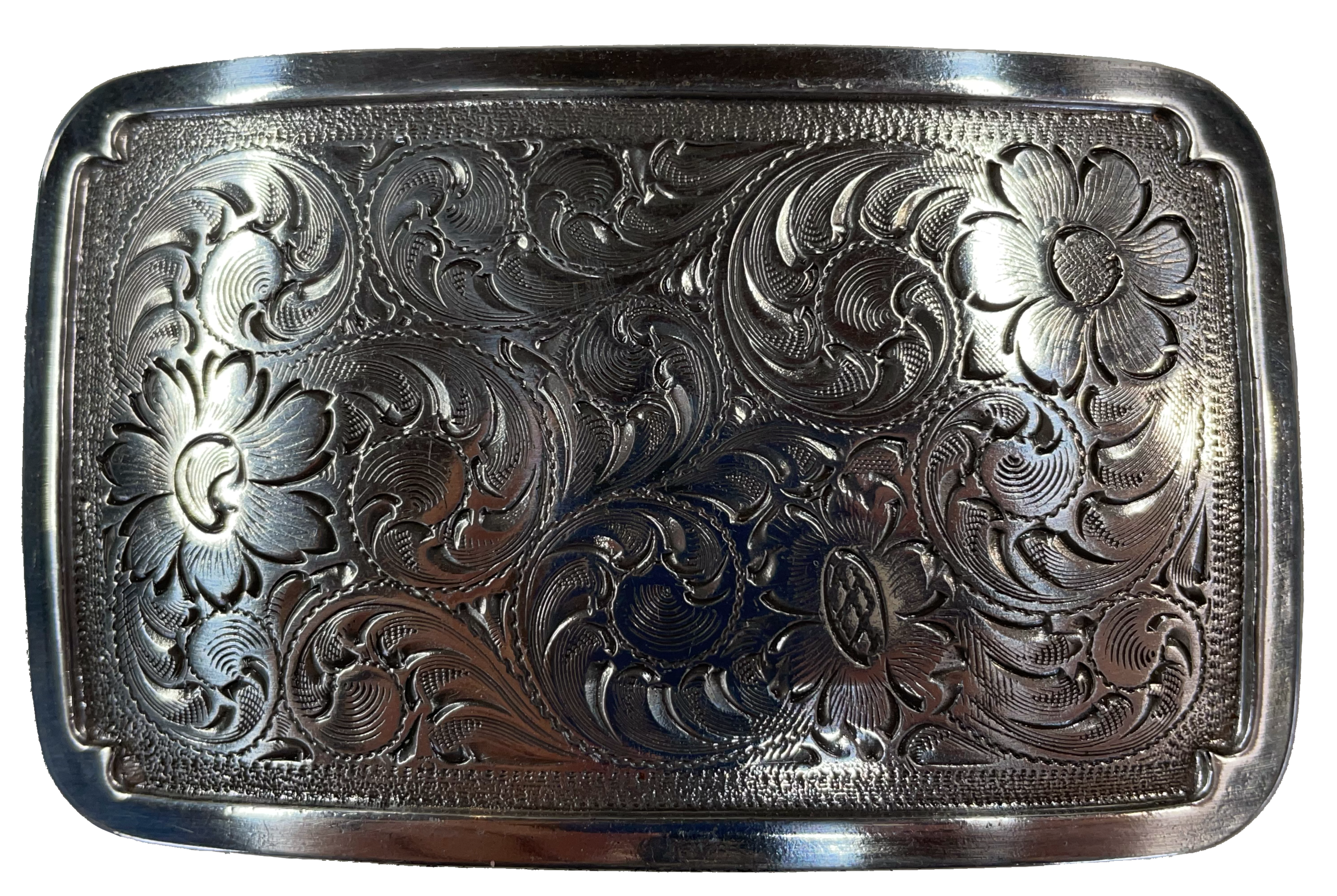 Rectangular antique silver colored belt buckle with Western style tooling, approx. size is 3 1/4" wide by 2" tall. Belt is made from zinc and is imported. Available online and at our shop just outside Nashville in Smyrna, TN.