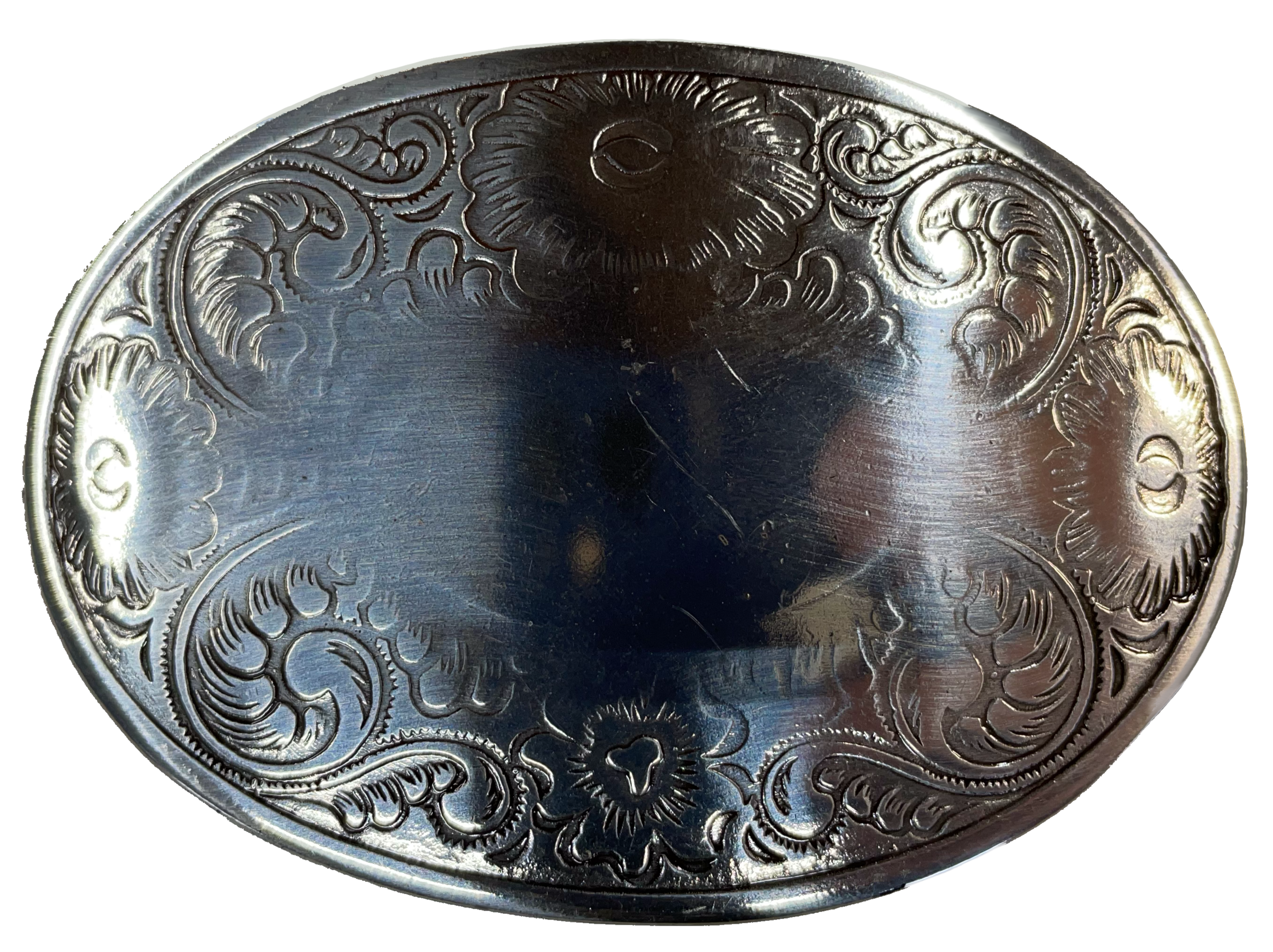 Oval shaped antique silver colored belt buckle with western style tooling, Smaller size approx. 3"wide by 2" tall. Available online and at our shop just outside Nashville in Smyrna, TN. Buckle is imported and made from zinc.