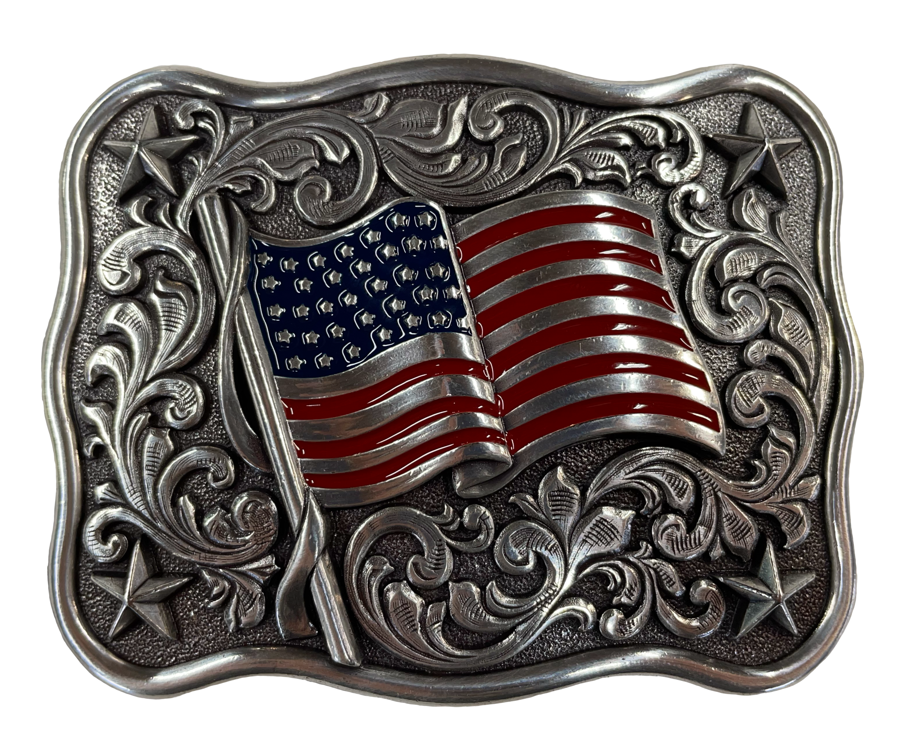 Nocona belt buckle Western style with Flying American Flag pictured Dimensions are 3" tall by 3 3/4" wide Add a patriotic look to your style! Available online and at our shop just outside Nashville in Smyrna, TN