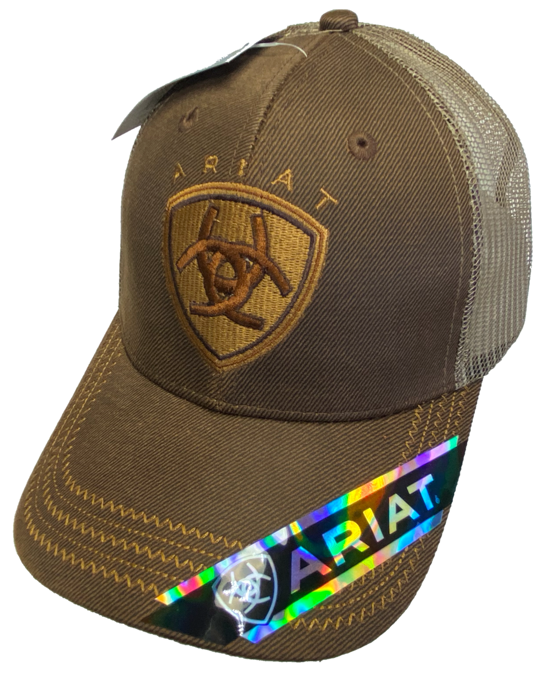 Brown Trucker cap with tan mesh back and velcro closure. Structured front has Ariat logo embroidered. Available at our shop just outside Nashville in Smyrna, TN.