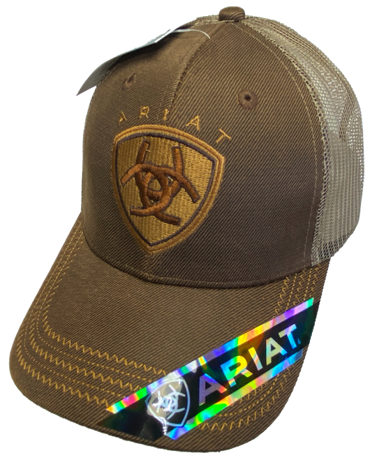 Brown Trucker cap with tan mesh back and velcro closure. Structured front has Ariat logo embroidered. Available at our shop just outside Nashville in Smyrna, TN.