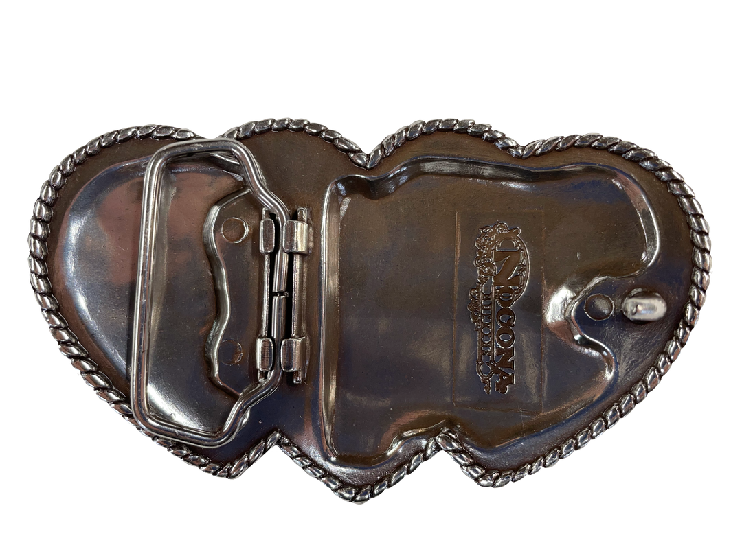 Popular Nocona Three Hearts Buckle in Blazin Roxx collection Dimensions are 1 1/2" tall by 4 1/4" wide Engraved scroll design on hearts with edges lined in rhinestones Sold online and in our shop in Smyrna, TN, just outside of Nashville. back view