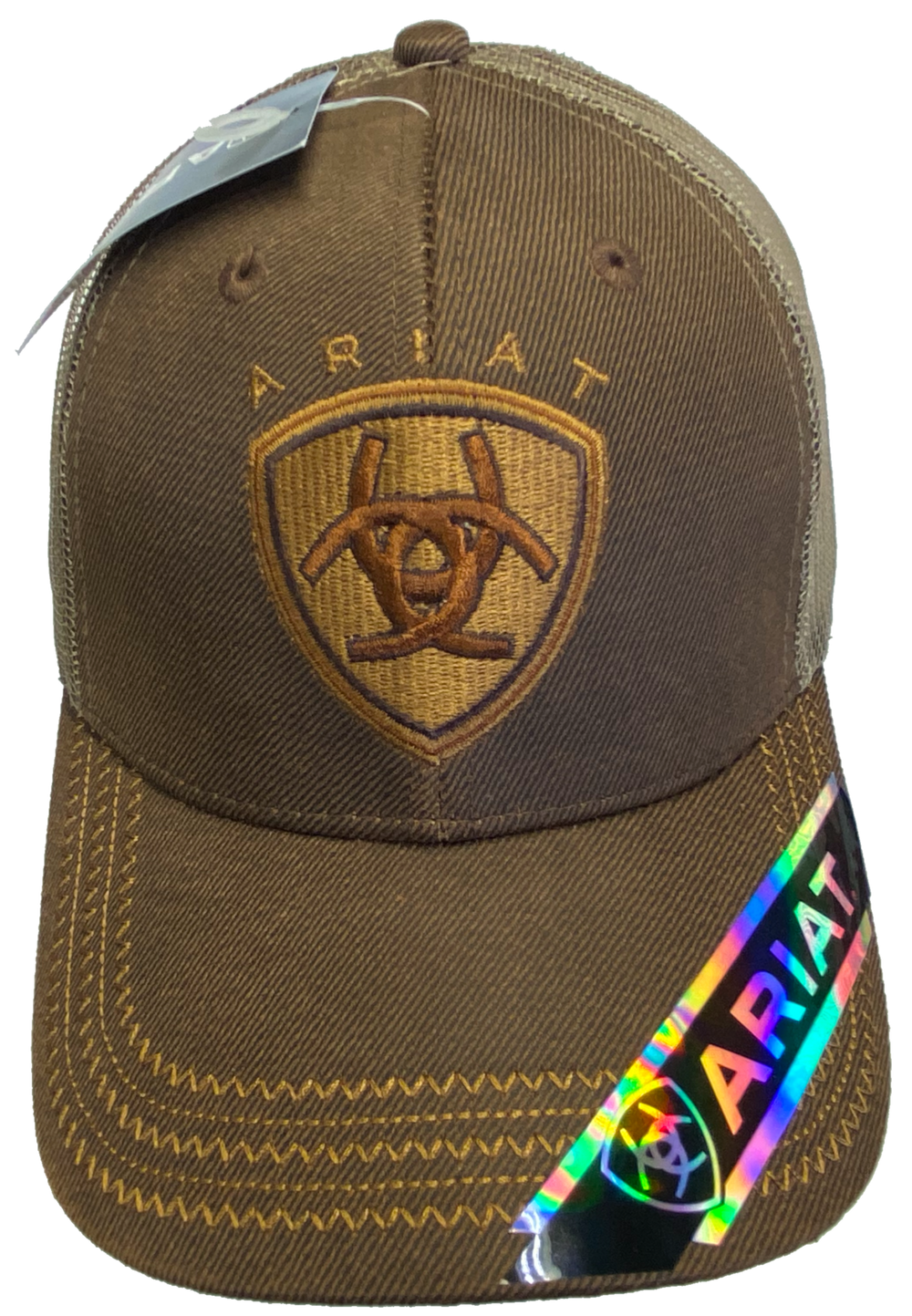 Brown Trucker cap with tan mesh back and velcro closure. Structured front has Ariat logo embroidered. Available at our shop just outside Nashville in Smyrna, TN.