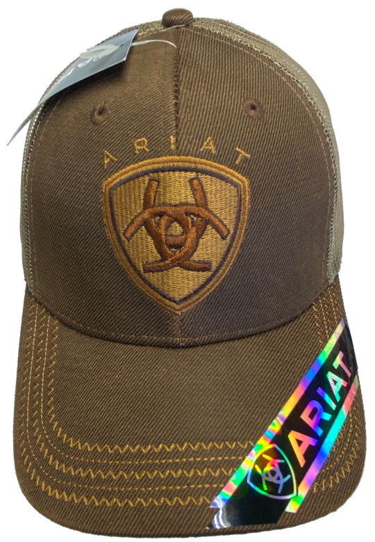 Brown Trucker cap with tan mesh back and velcro closure. Structured front has Ariat logo embroidered. Available at our shop just outside Nashville in Smyrna, TN.