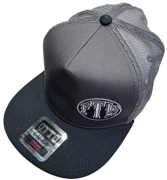 Gray Flat Bill Cap with Gray mesh back. Front has a Silver embroidered patch that says FTW. FTW design also under the bill. Structured top to keep its shape. Sold at our shop just outside Nashville in Smyrna, TN.