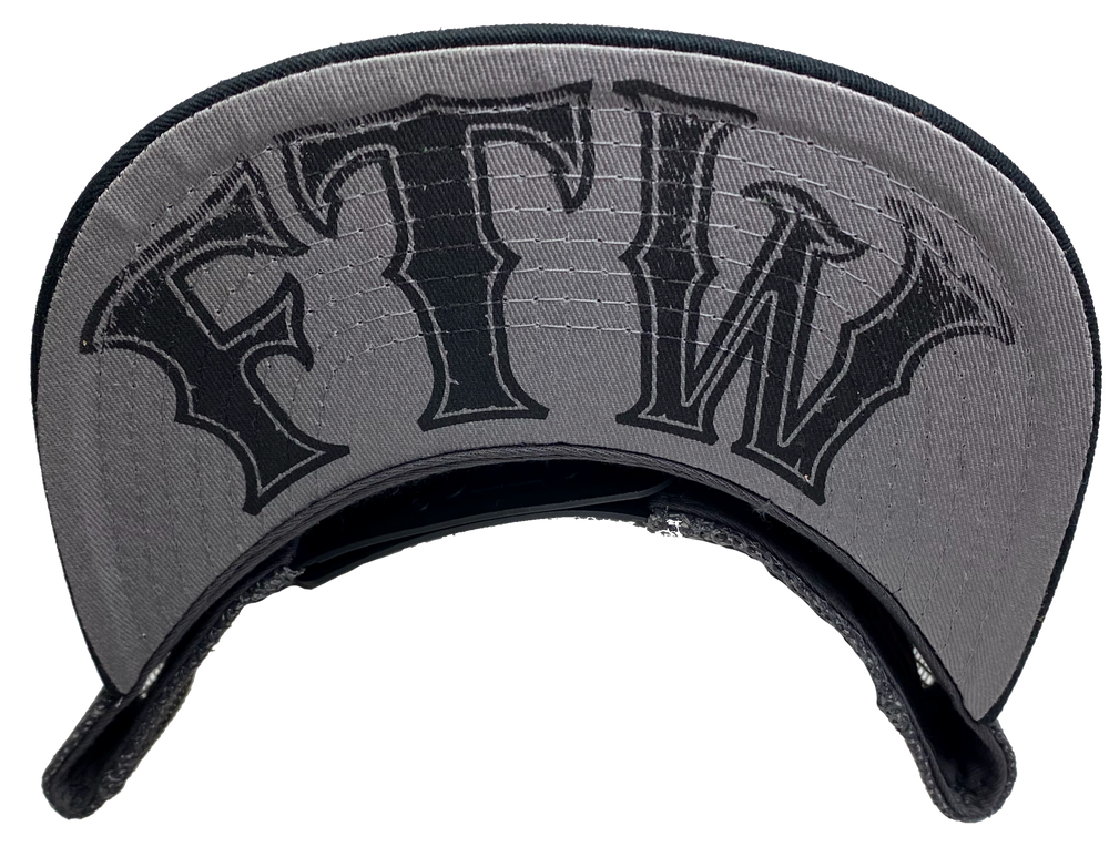 Gray Flat Bill Cap with Gray mesh back. Front has a Silver embroidered patch that says FTW. FTW design also under the bill. Structured top to keep its shape. Sold at our shop just outside Nashville in Smyrna, TN.