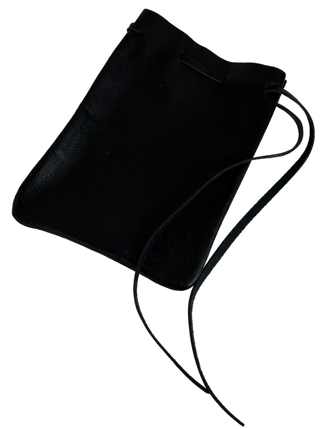 Leather pouch with drawstring. Available in Black and Assorted Brown. Fill it with anything you like, a camera, your rock collection, tools etc. This large leather pouch can be used to hold a small canteen or flask. Made in USA.