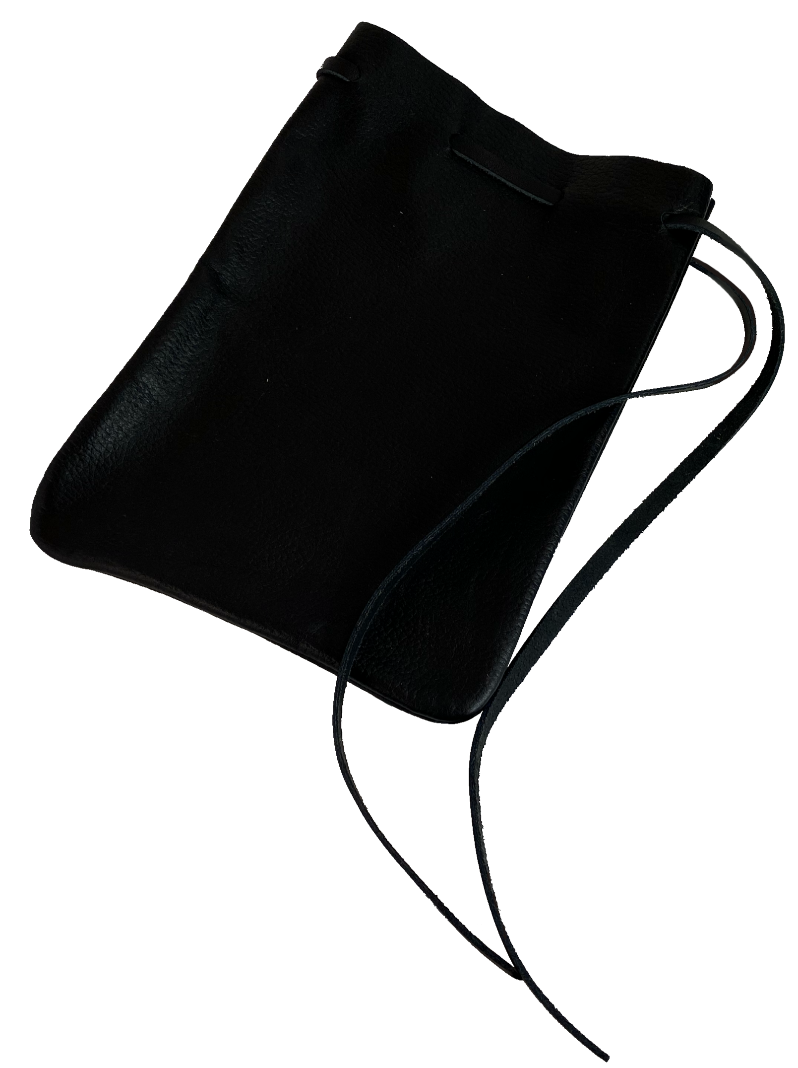 Leather pouch with drawstring. Available in Black and Assorted Brown. Fill it with anything you like, a camera, your rock collection, tools etc. This large leather pouch can be used to hold a small canteen or flask. Made in USA.