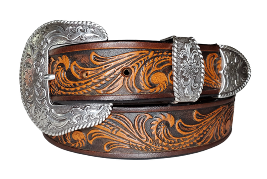 The "Rustler" design is one of our best sellers. But we've added a Classic Western 3 piece buckle set in Antique Nickel that looks great on plain 1 1/2" Black or Brown belt. An easy to wear shape that's not too big, measures approx. 3 7/8" wide by 2 1/2" tall. Belt is made from a single strip of leather in our shop in Smyrna, TN. Buckle is Imported. Available in our shop just outside Nashville in Smyrna, TN as well as online.