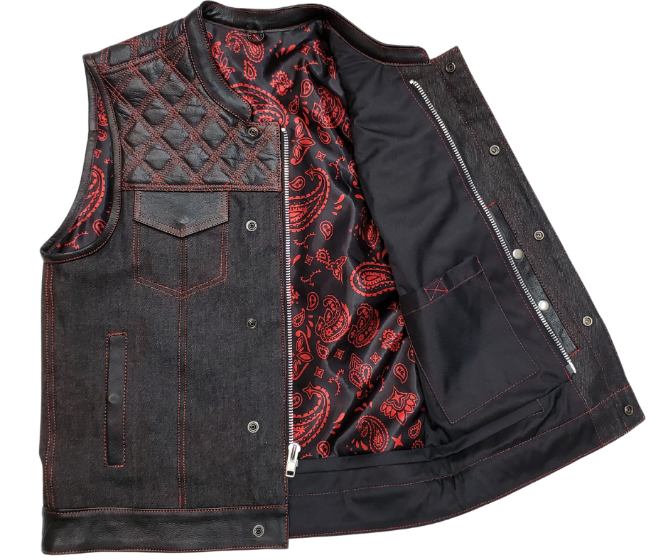 The Wild One Premium Black leather/denim club style vest with Red DIAMOND STITCHING front and back Leather&nbsp;shoulder panels. The lining is Black and Red paisley pattern with a black denim lower half.. It has a tab style collar, front snap/zippered closure. It has inside conceal carry pockets, front chest pockets and lower front side pockets.&nbsp; Available for purchase in our shop in Smyrna, TN outside of Nashville in sizes small through 5x.&nbsp;&nbsp;