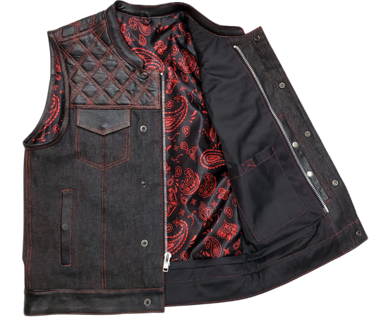 The Wild One Premium Black leather/denim club style vest with Red DIAMOND STITCHING front and back Leather&nbsp;shoulder panels. The lining is Black and Red paisley pattern with a black denim lower half.. It has a tab style collar, front snap/zippered closure. It has inside conceal carry pockets, front chest pockets and lower front side pockets.&nbsp; Available for purchase in our shop in Smyrna, TN outside of Nashville in sizes small through 5x.&nbsp;&nbsp;