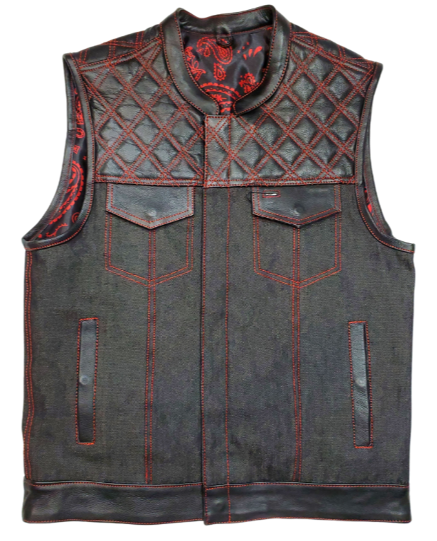 The Wild One Premium Black leather/denim club style vest with Red DIAMOND STITCHING front and back Leather&nbsp;shoulder panels. The lining is Black and Red paisley pattern with a black denim lower half.. It has a tab style collar, front snap/zippered closure. It has inside conceal carry pockets, front chest pockets and lower front side pockets.&nbsp; Available for purchase in our shop in Smyrna, TN outside of Nashville in sizes small through 5x.&nbsp;&nbsp;