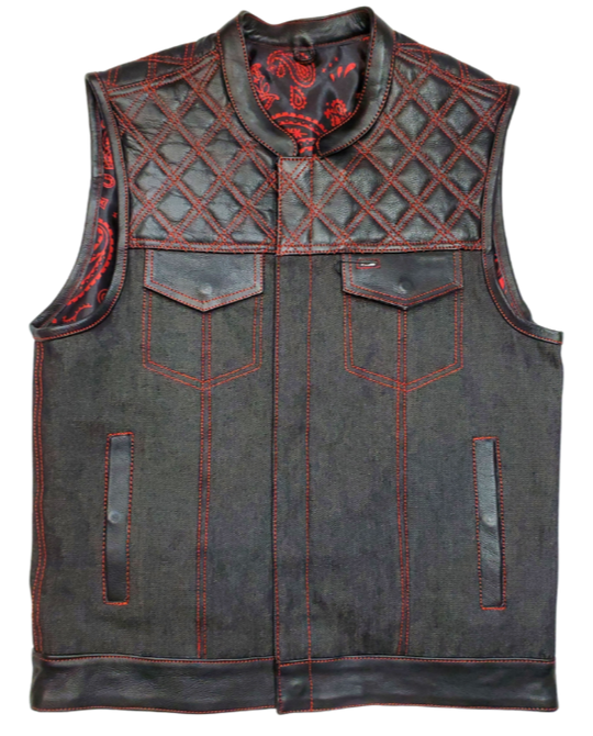 The Wild One Premium Black leather/denim club style vest with Red DIAMOND STITCHING front and back Leather&nbsp;shoulder panels. The lining is Black and Red paisley pattern with a black denim lower half.. It has a tab style collar, front snap/zippered closure. It has inside conceal carry pockets, front chest pockets and lower front side pockets.&nbsp; Available for purchase in our shop in Smyrna, TN outside of Nashville in sizes small through 5x.&nbsp;&nbsp;