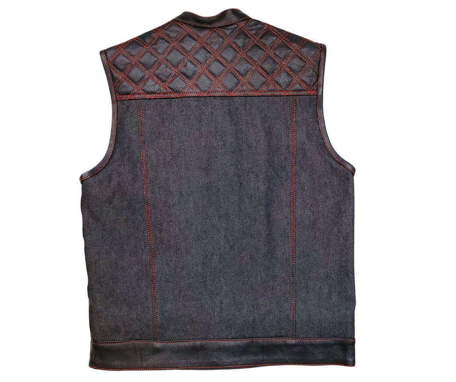 The Wild One Premium Black leather/denim club style vest with Red DIAMOND STITCHING front and back Leather&nbsp;shoulder panels. The lining is Black and Red paisley pattern with a black denim lower half.. It has a tab style collar, front snap/zippered closure. It has inside conceal carry pockets, front chest pockets and lower front side pockets.&nbsp; Available for purchase in our shop in Smyrna, TN outside of Nashville in sizes small through 5x.&nbsp;&nbsp;