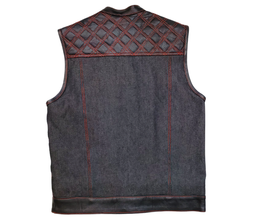 The Wild One Premium Black leather/denim club style vest with Red DIAMOND STITCHING front and back Leather&nbsp;shoulder panels. The lining is Black and Red paisley pattern with a black denim lower half.. It has a tab style collar, front snap/zippered closure. It has inside conceal carry pockets, front chest pockets and lower front side pockets.&nbsp; Available for purchase in our shop in Smyrna, TN outside of Nashville in sizes small through 5x.&nbsp;&nbsp;