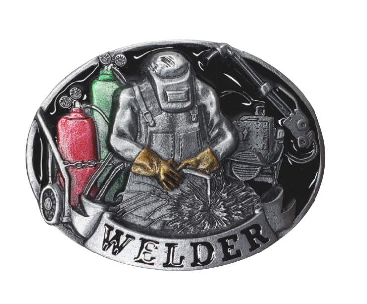 The Welders buckle part of our First Responders and Trades series we've added. Bless our men and women who build buildings and homes we live in. They get up early and go to work! A Welder is shown on a slightly oval shaped belt buckle. Pewter belt buckle that may be attached to your belt.  Fits 1 1/2" belts, Size 3-1/2" x 2-3/4. Available online and in our shop just outside Nashville in Smyrna, TN.