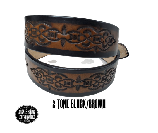 The Williamson handmade all leather belt is made from a single strip of Veg-Tan cowhide that is a hand finished Veg-tan that is 9-10 oz., or approx. 1/8" thick and is 1 1/2" thick. It has an Vintage style embossed design that is never out of style!  The antique nickel plated solid brass buckle is snapped in place. This belt is made just outside Nashville in Smyrna, TN. Perfect for casual and dress wear, it can be for personal use or for groomsman gifts or other gifts as well. 