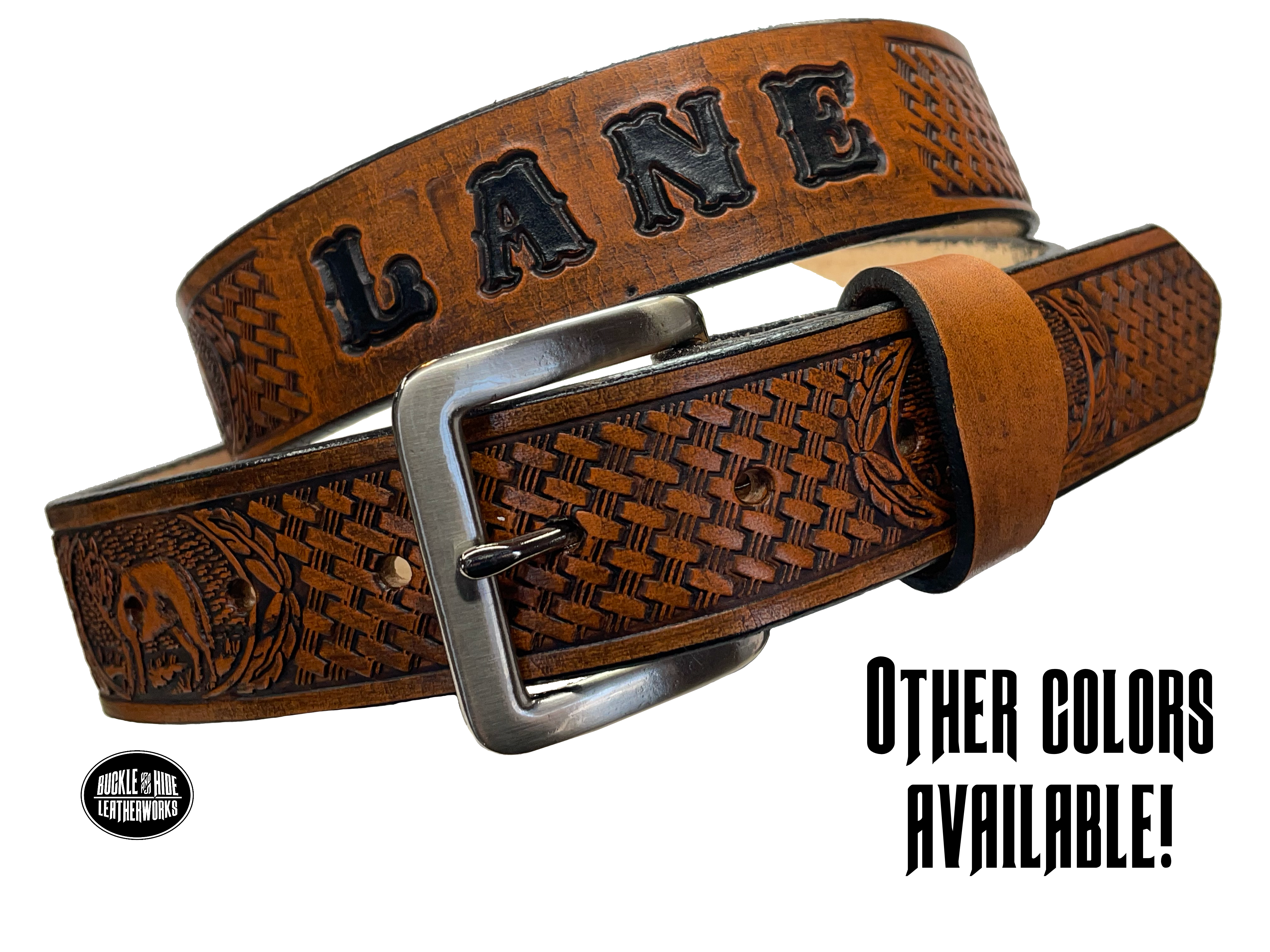 Are you a "Lone Wolf"? Let the world know with this Veg tan leather belt, just over 1/8 thick and complete with an optional name feature. Complete with snaps for easy buckle change. Be proud of your individualism and make a statement with this belt, made in the small town of Smyrna, TN, just outside of Nashville.