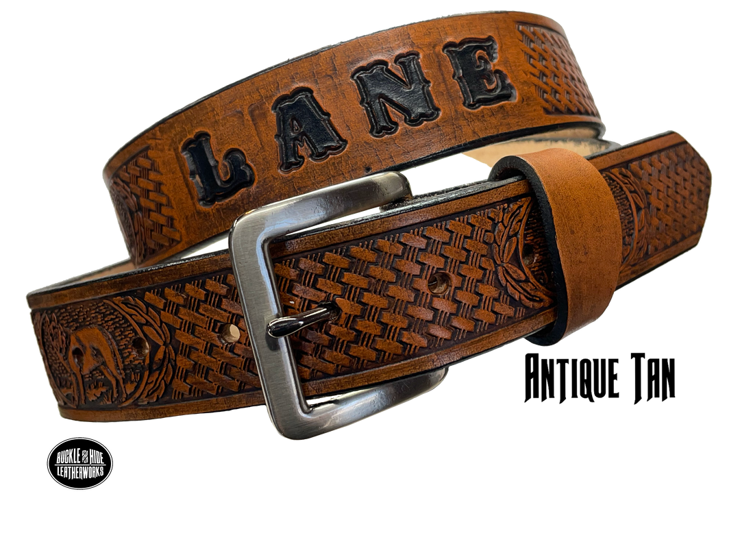 Are you a "Lone Wolf"? Let the world know with this Veg tan leather belt, just over 1/8 thick and complete with an optional name feature. Complete with snaps for easy buckle change. Be proud of your individualism and make a statement with this belt, made in the small town of Smyrna, TN, just outside of Nashville.