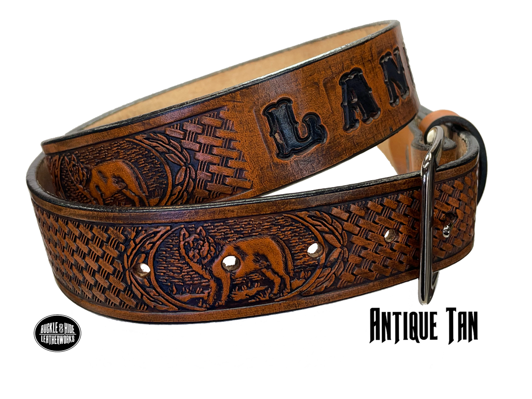 Are you a "Lone Wolf"? Let the world know with this Veg tan leather belt, just over 1/8 thick and complete with an optional name feature. Complete with snaps for easy buckle change. Be proud of your individualism and make a statement with this belt, made in the small town of Smyrna, TN, just outside of Nashville.