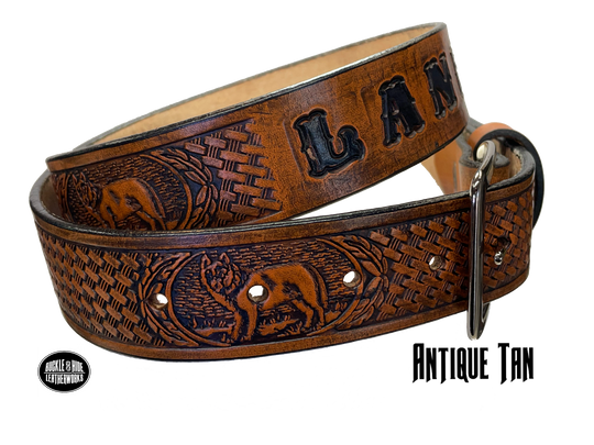 Are you a "Lone Wolf"? Let the world know with this Veg tan leather belt, just over 1/8 thick and complete with an optional name feature. Complete with snaps for easy buckle change. Be proud of your individualism and make a statement with this belt, made in the small town of Smyrna, TN, just outside of Nashville.